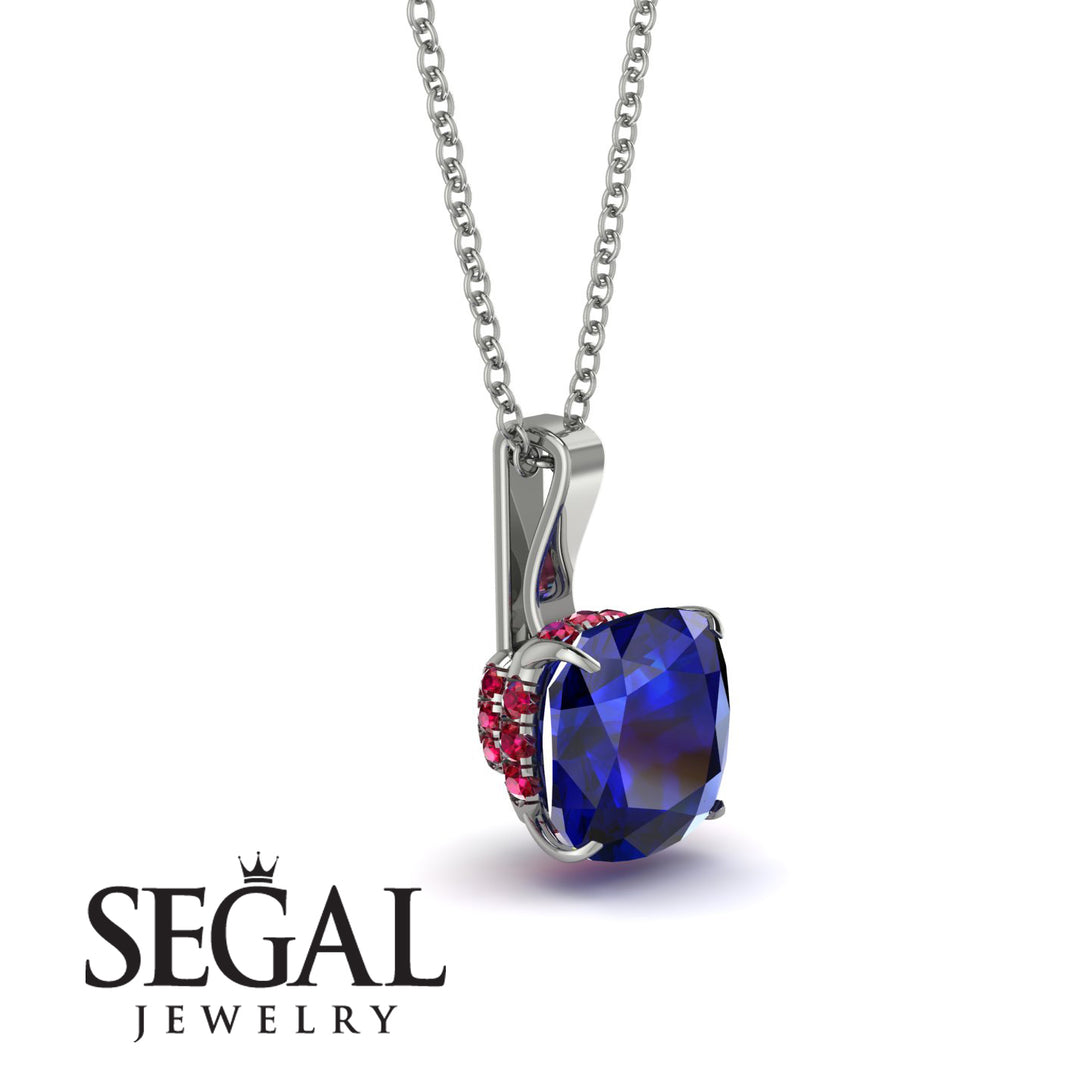Hidden Halo Cushion Sapphire Necklace - Alivia No. 60