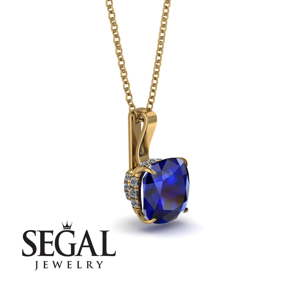 Hidden Halo Cushion Sapphire Necklace - Alivia No. 13