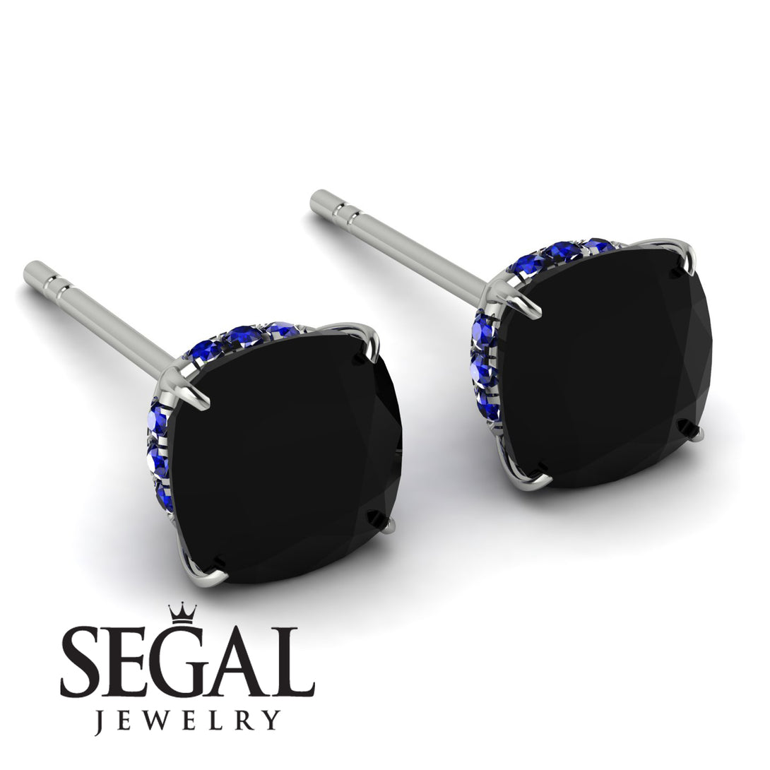 Hidden Halo Cushion Black Diamond Earrings - Alivia No. 69