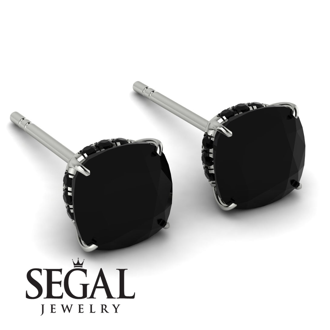 Hidden Halo Cushion Black Diamond Earrings - Alivia No. 39