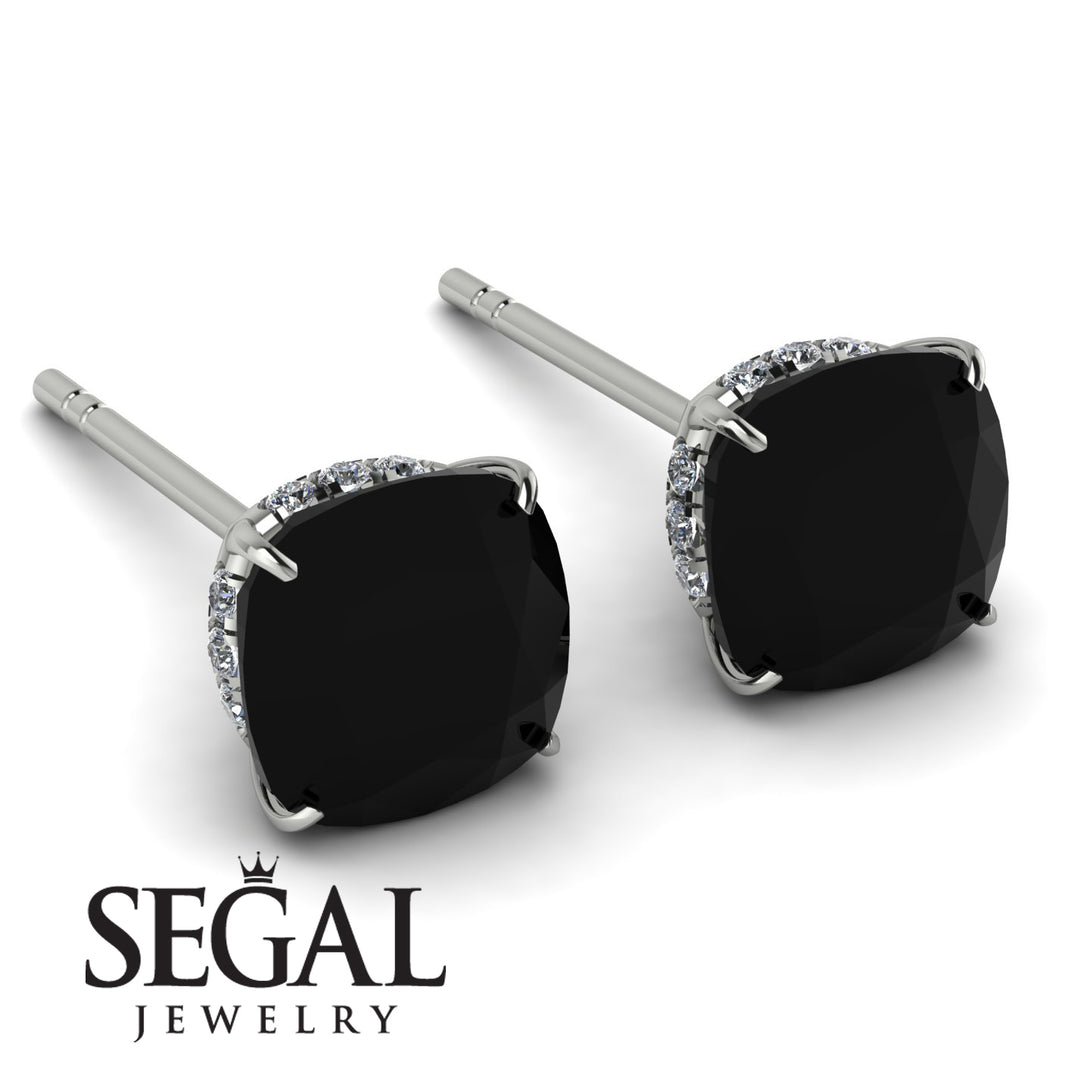 Hidden Halo Cushion Black Diamond Earrings - Alivia No. 9