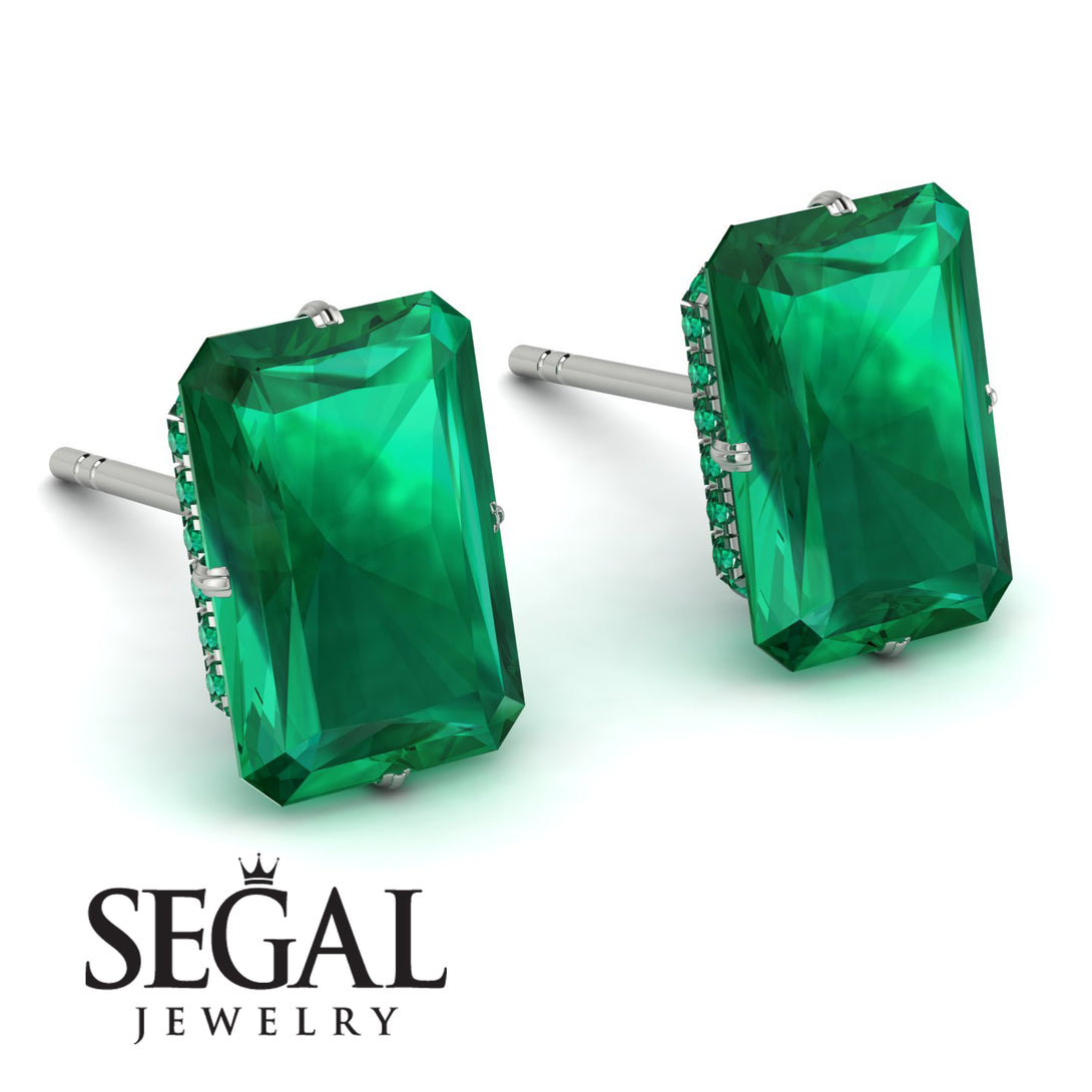 Hidden Halo Emerald Cut Emerald Earrings - Vanessa No. 21