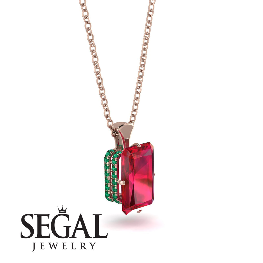 Hidden Halo Emerald Cut Ruby Necklace - Vanessa No. 26