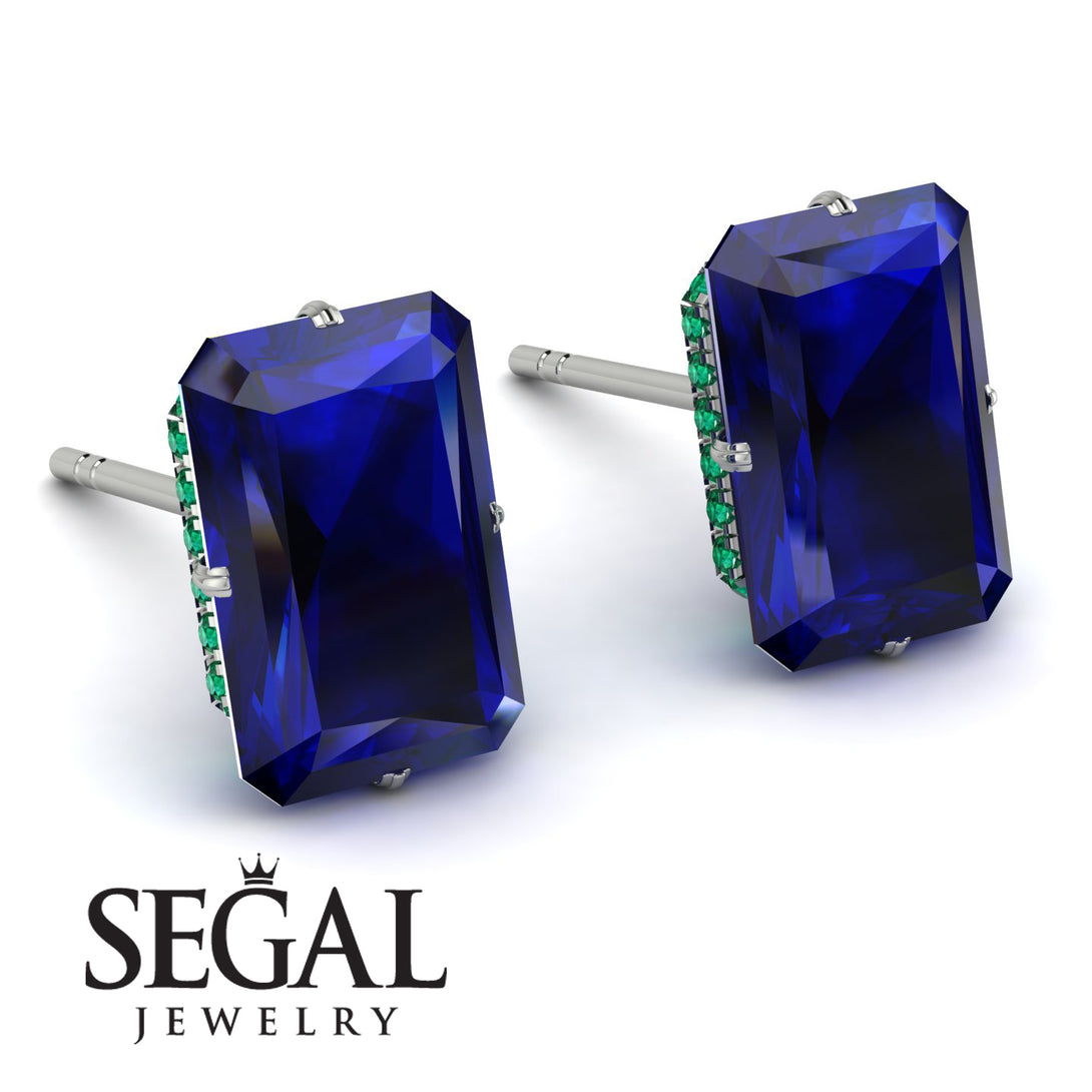 Hidden Halo Emerald Cut Sapphire Earrings - Vanessa No. 30