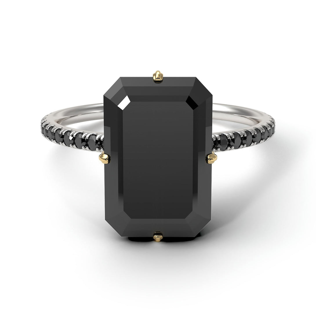 Two Tones Hidden Halo Emerald Cut Black Diamond Engagement Ring - Vanessa No. 80