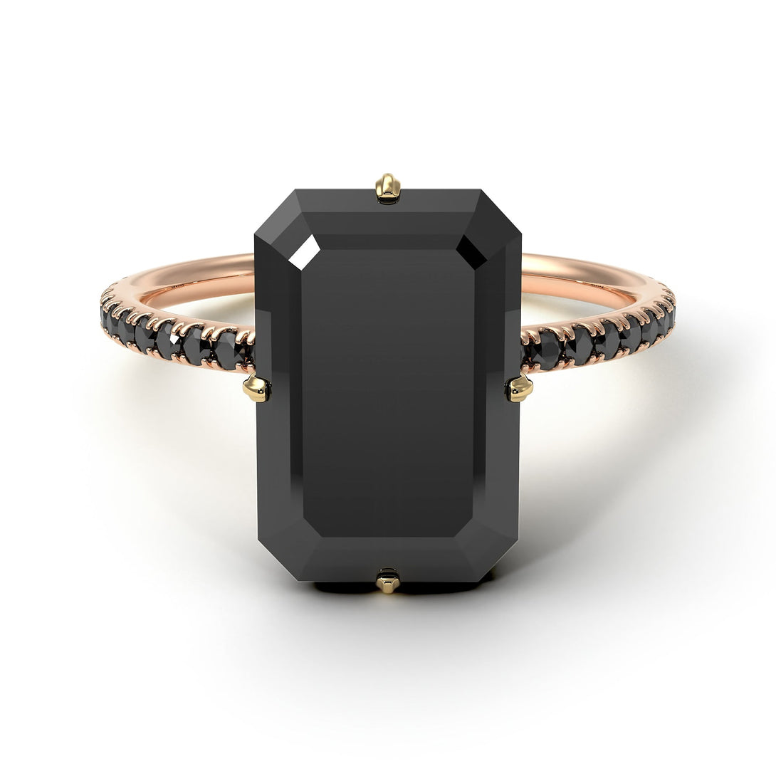 Two Tones Hidden Halo Emerald Cut Black Diamond Engagement Ring - Vanessa No. 79