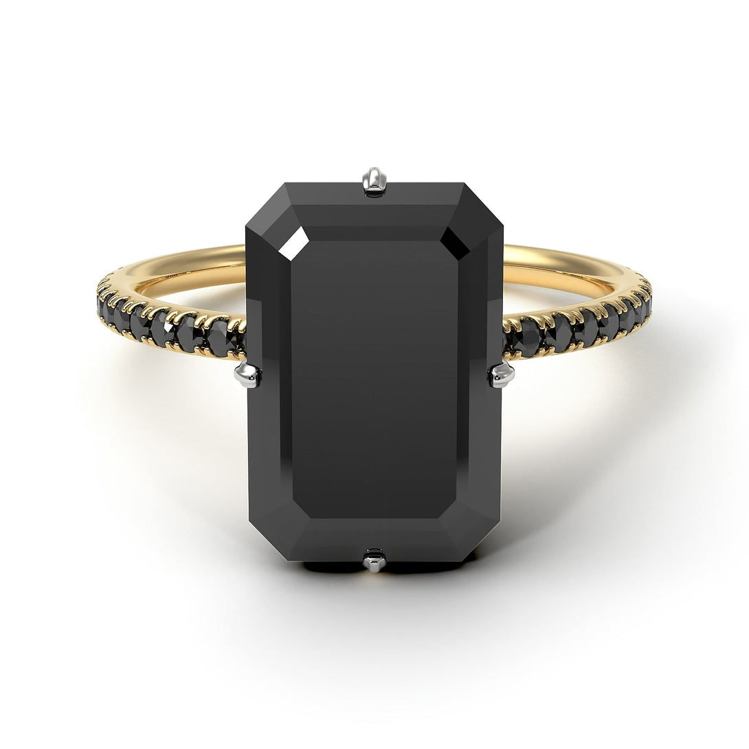 Two Tones Hidden Halo Emerald Cut Black Diamond Engagement Ring - Vanessa No. 80