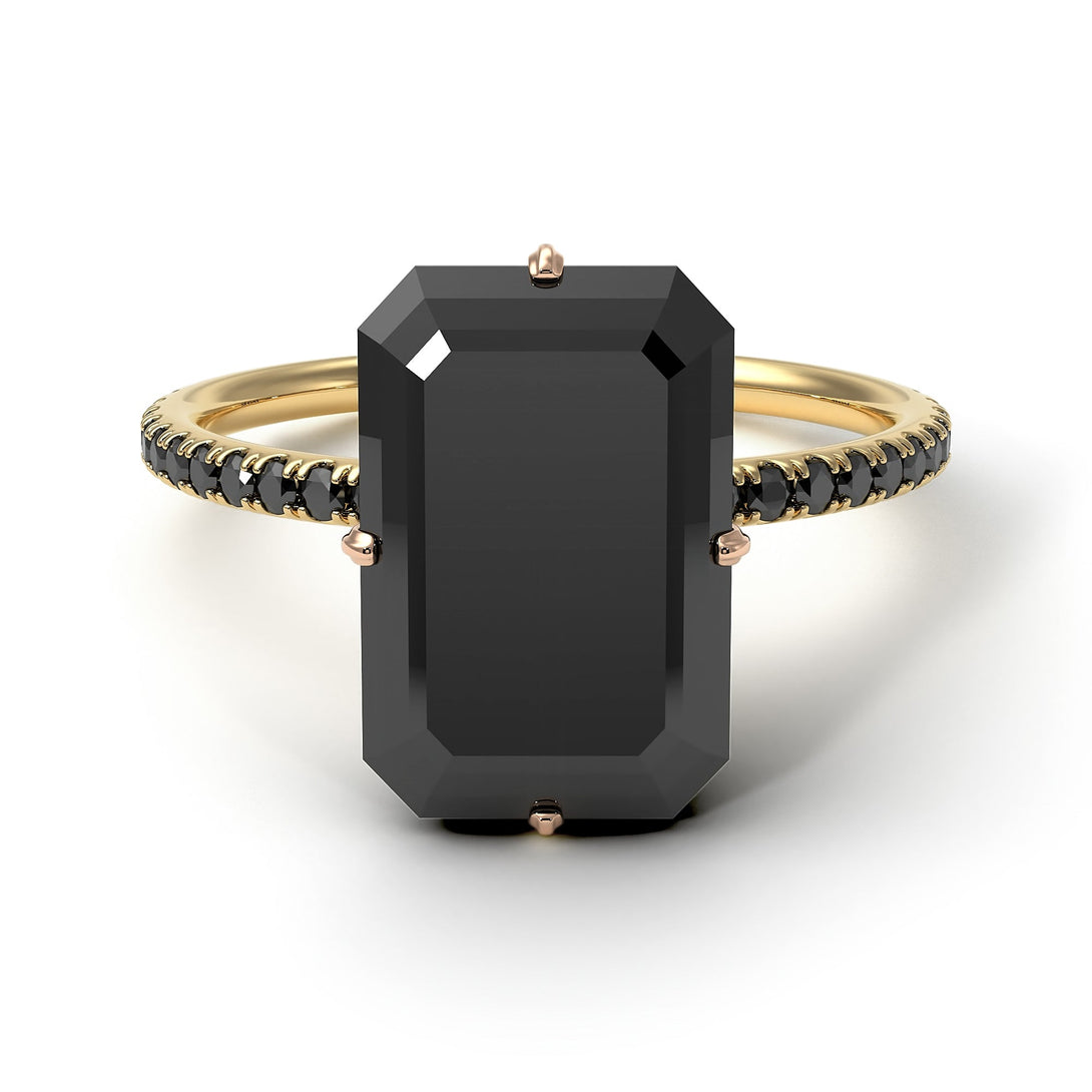Two Tones Hidden Halo Emerald Cut Black Diamond Engagement Ring - Vanessa No. 79
