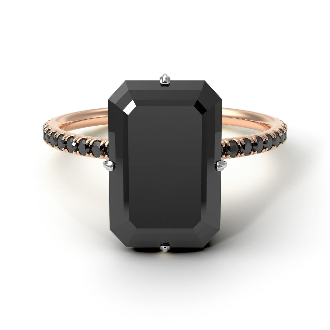 Two Tones Hidden Halo Emerald Cut Black Diamond Engagement Ring - Vanessa No. 81