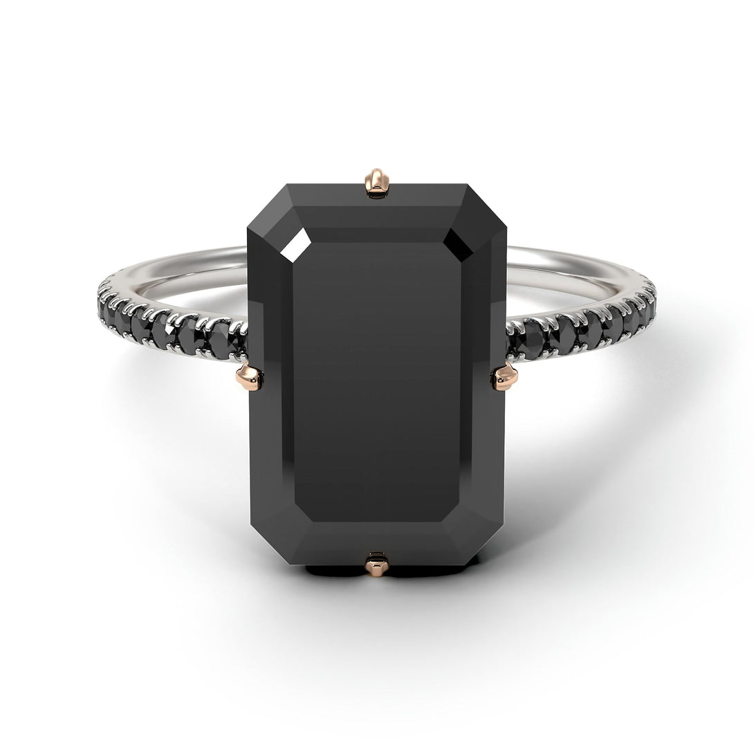Two Tones Hidden Halo Emerald Cut Black Diamond Engagement Ring - Vanessa No. 81