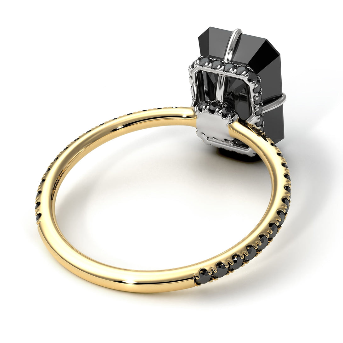 Two Tones Hidden Halo Emerald Cut Black Diamond Engagement Ring - Vanessa No. 80