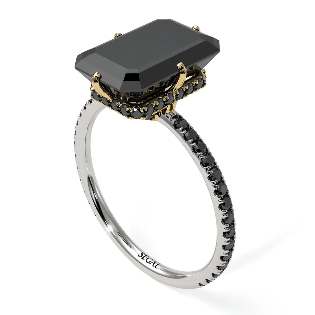 Two Tones Hidden Halo Emerald Cut Black Diamond Engagement Ring - Vanessa No. 80