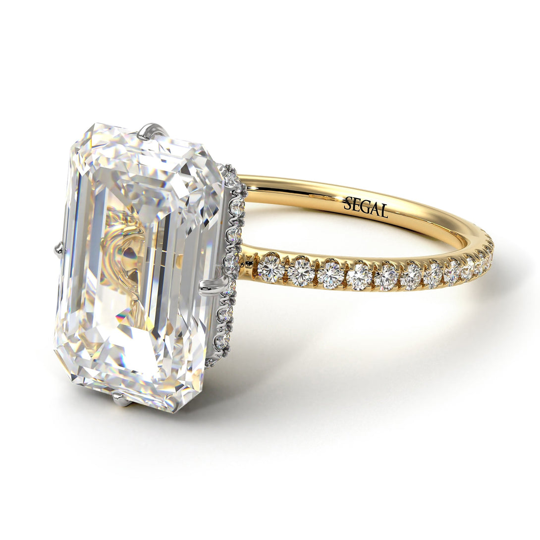 Two Tones Hidden Halo Emerald Cut Diamond Engagement Ring - Vanessa No. 77