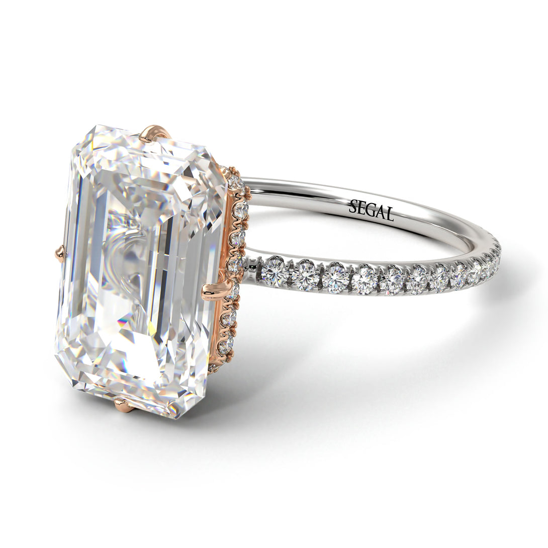 Two Tones Hidden Halo Emerald Cut Diamond Engagement Ring - Vanessa No. 78
