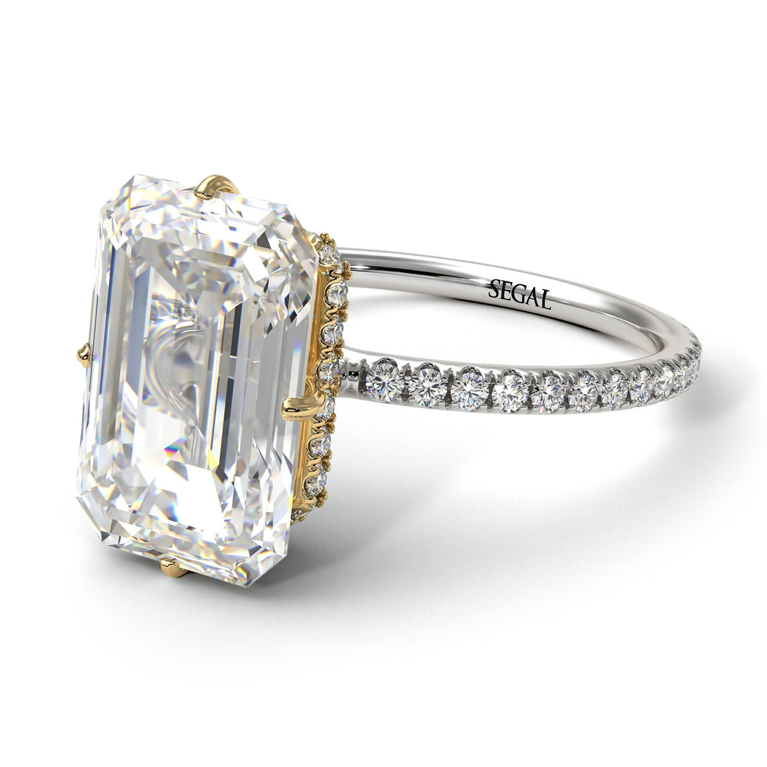 Two Tones Hidden Halo Emerald Cut Diamond Engagement Ring - Vanessa No. 77