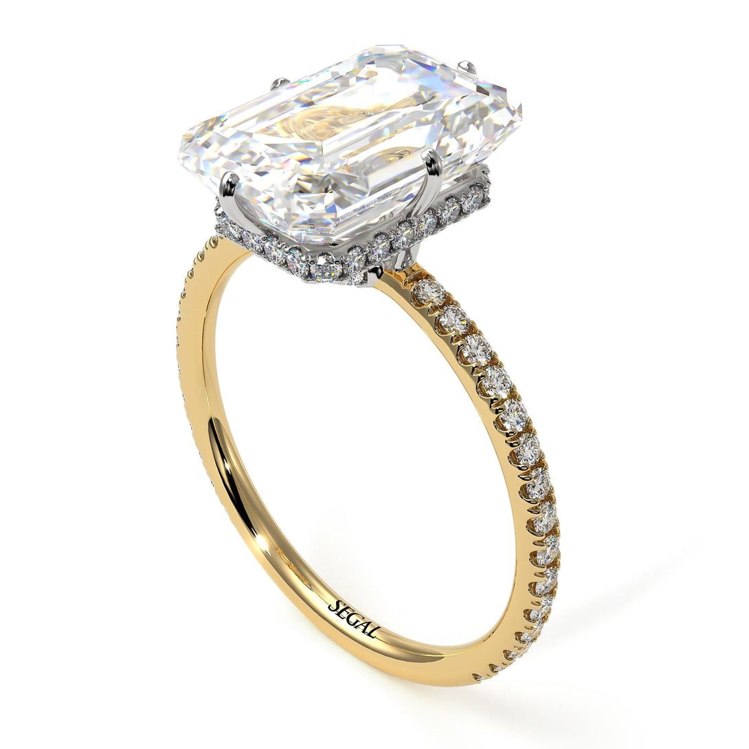 Two Tones Hidden Halo Emerald Cut Diamond Engagement Ring - Vanessa No. 77