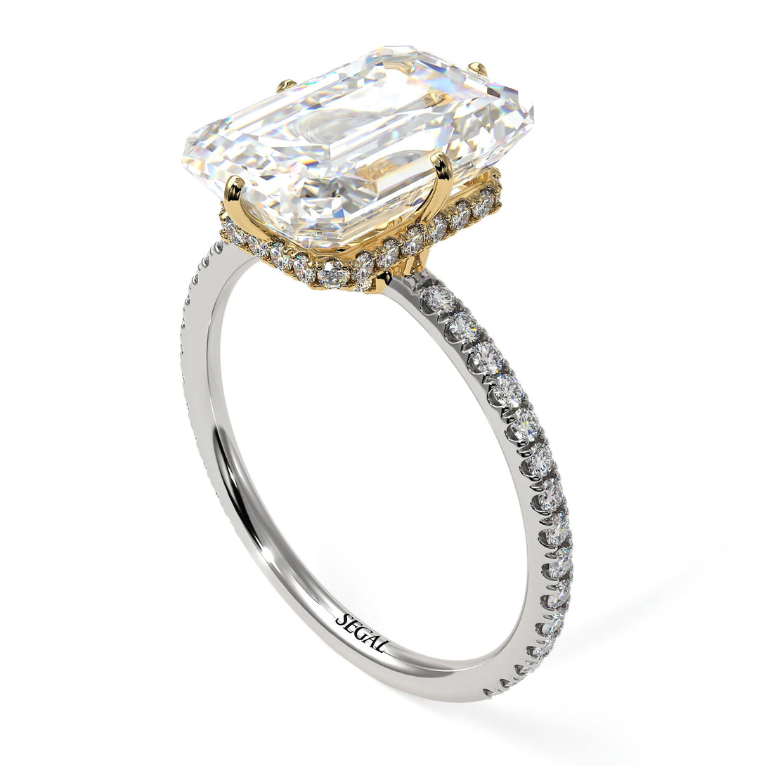 Two Tones Hidden Halo Emerald Cut Diamond Engagement Ring - Vanessa No. 77
