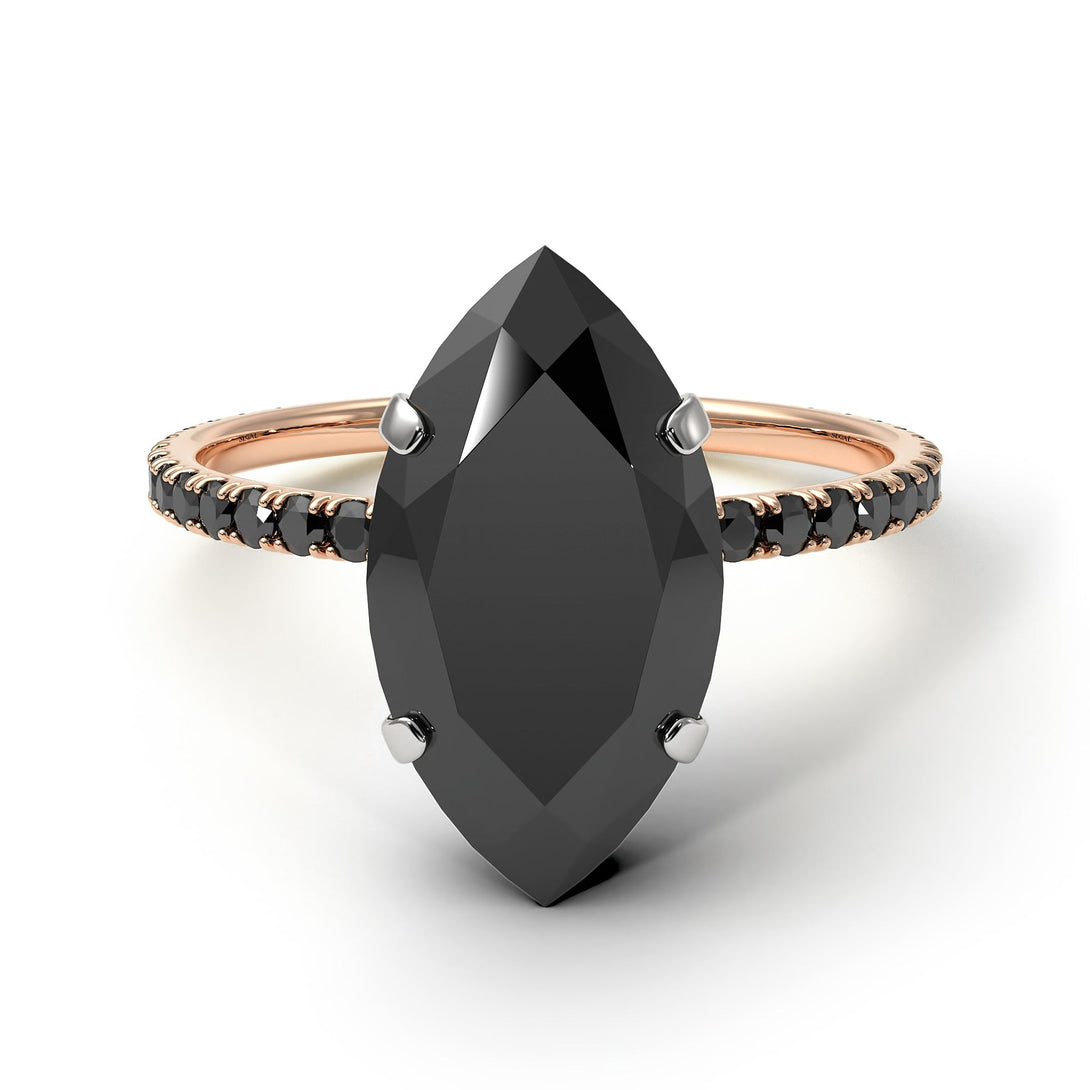 Two Tones Hidden Halo Marquise Black Diamond Engagement Ring - Journey No. 81