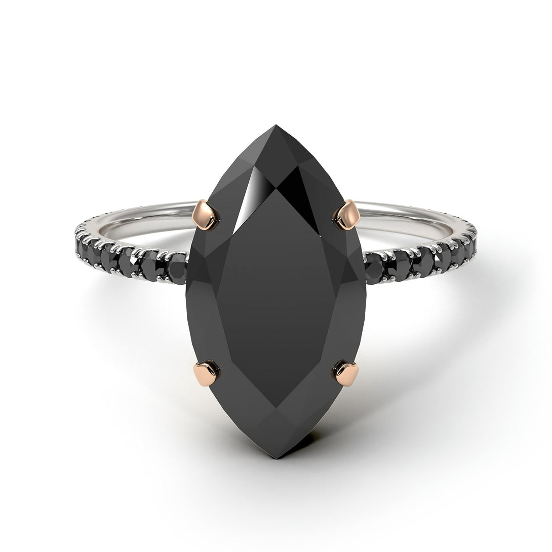 Two Tones Hidden Halo Marquise Black Diamond Engagement Ring - Journey No. 81