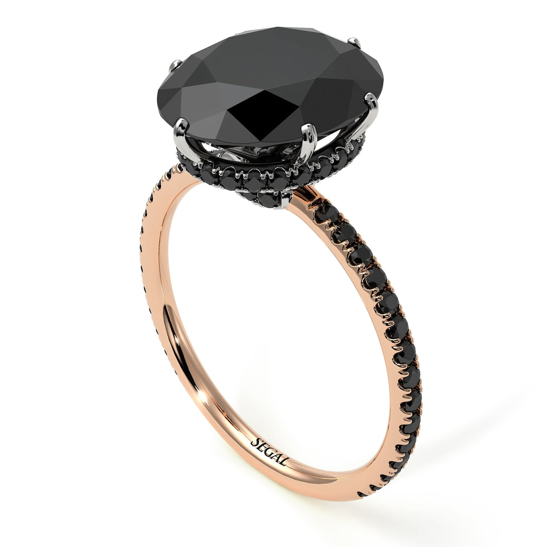 Two Tones Hidden Halo Oval Black Diamond Engagement Ring - Gemma No. 81