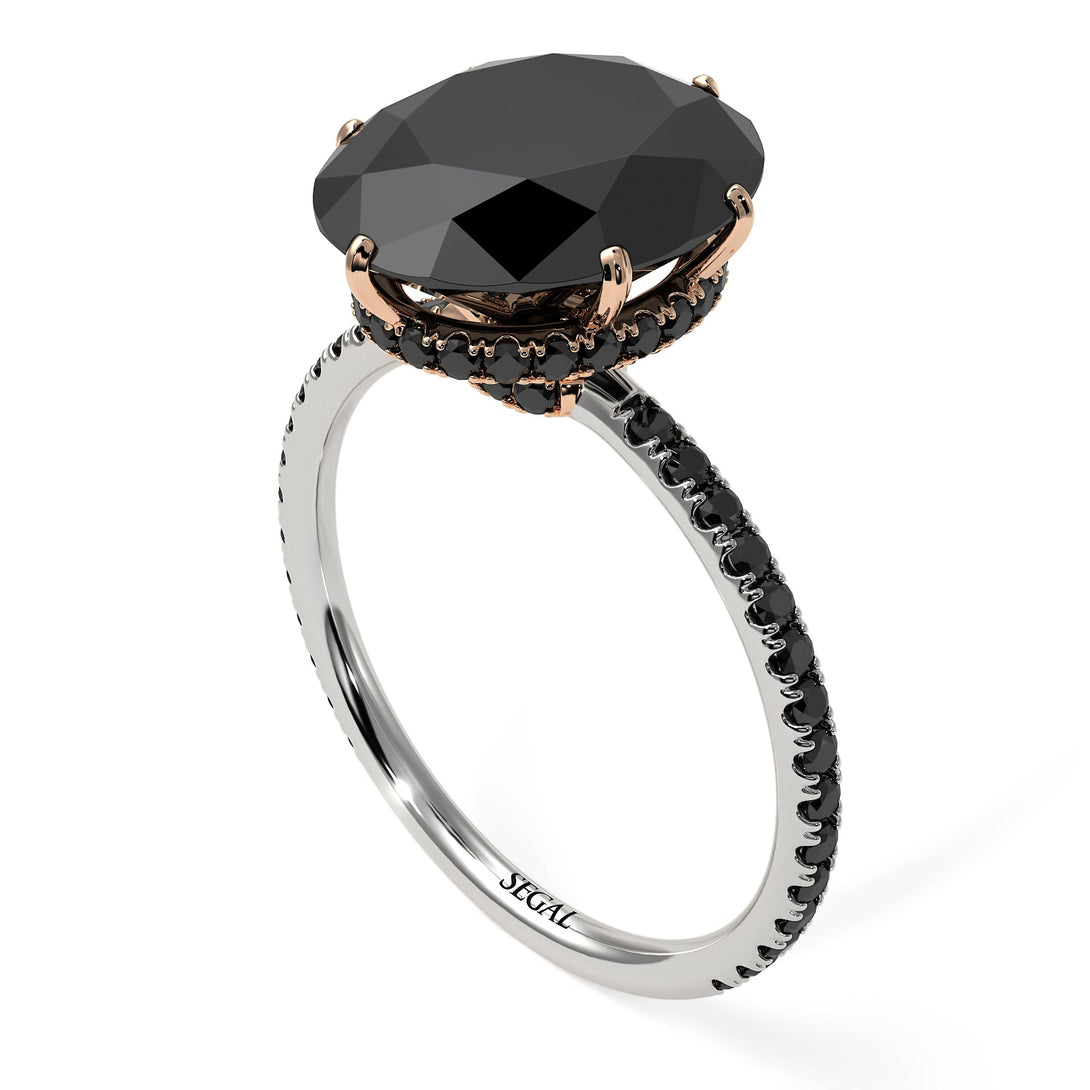Two Tones Hidden Halo Oval Black Diamond Engagement Ring - Gemma No. 81
