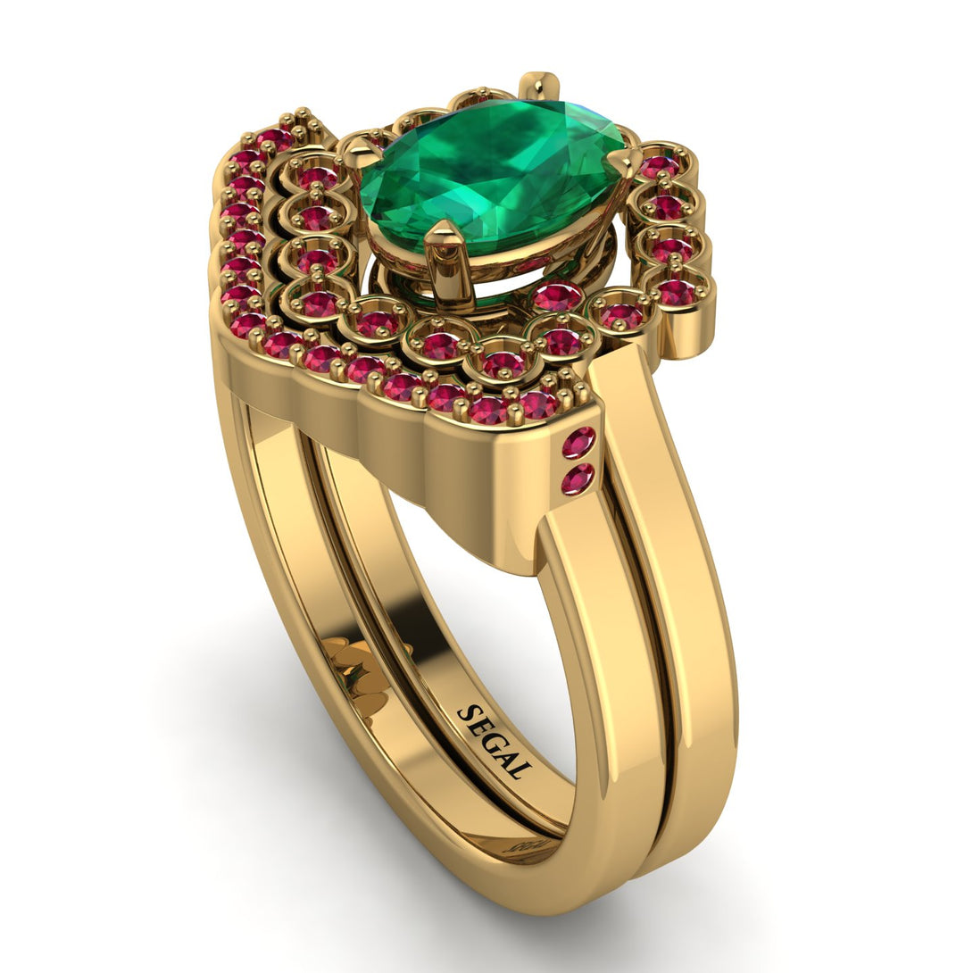 Honeycomb Halo Oval Emerald Bridal Set - Laura No. 49