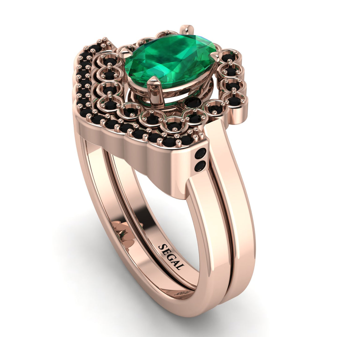 Honeycomb Halo Oval Emerald Bridal Set - Laura No. 35