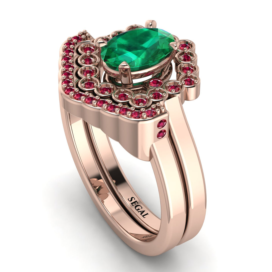 Honeycomb Halo Oval Emerald Bridal Set - Laura No. 50
