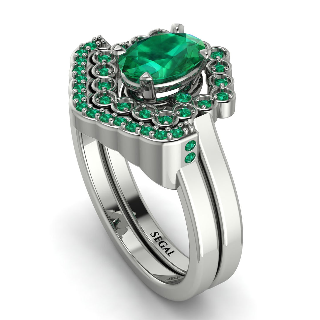 Honeycomb Halo Oval Emerald Bridal Set - Laura No. 21