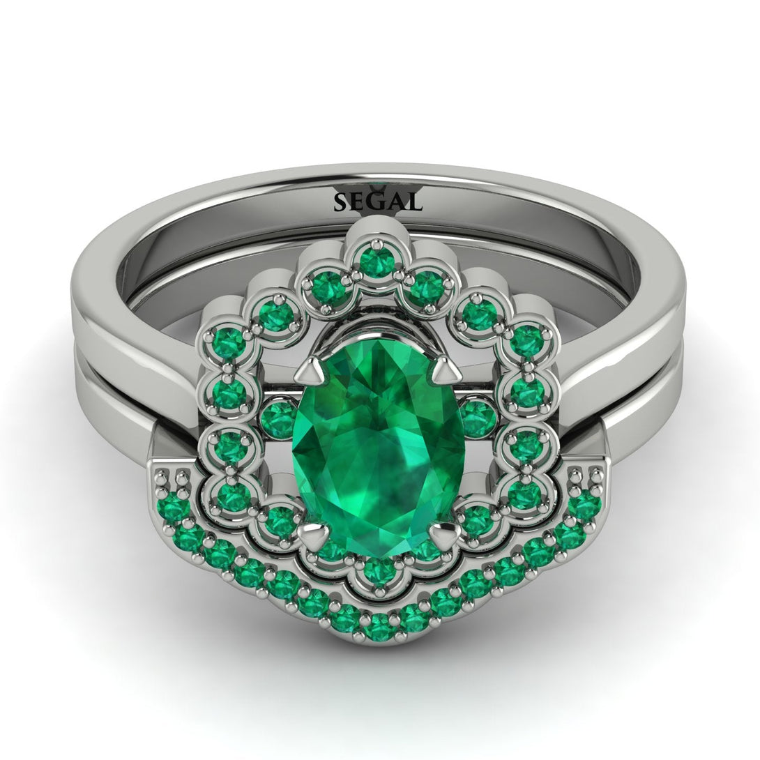 Honeycomb Halo Oval Emerald Bridal Set - Laura No. 21