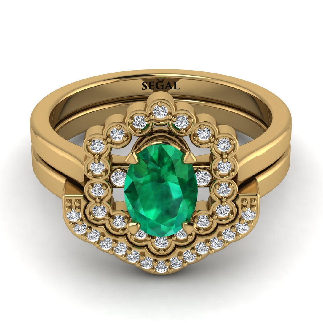 Honeycomb Halo Oval Emerald Bridal Set - Laura No. 4