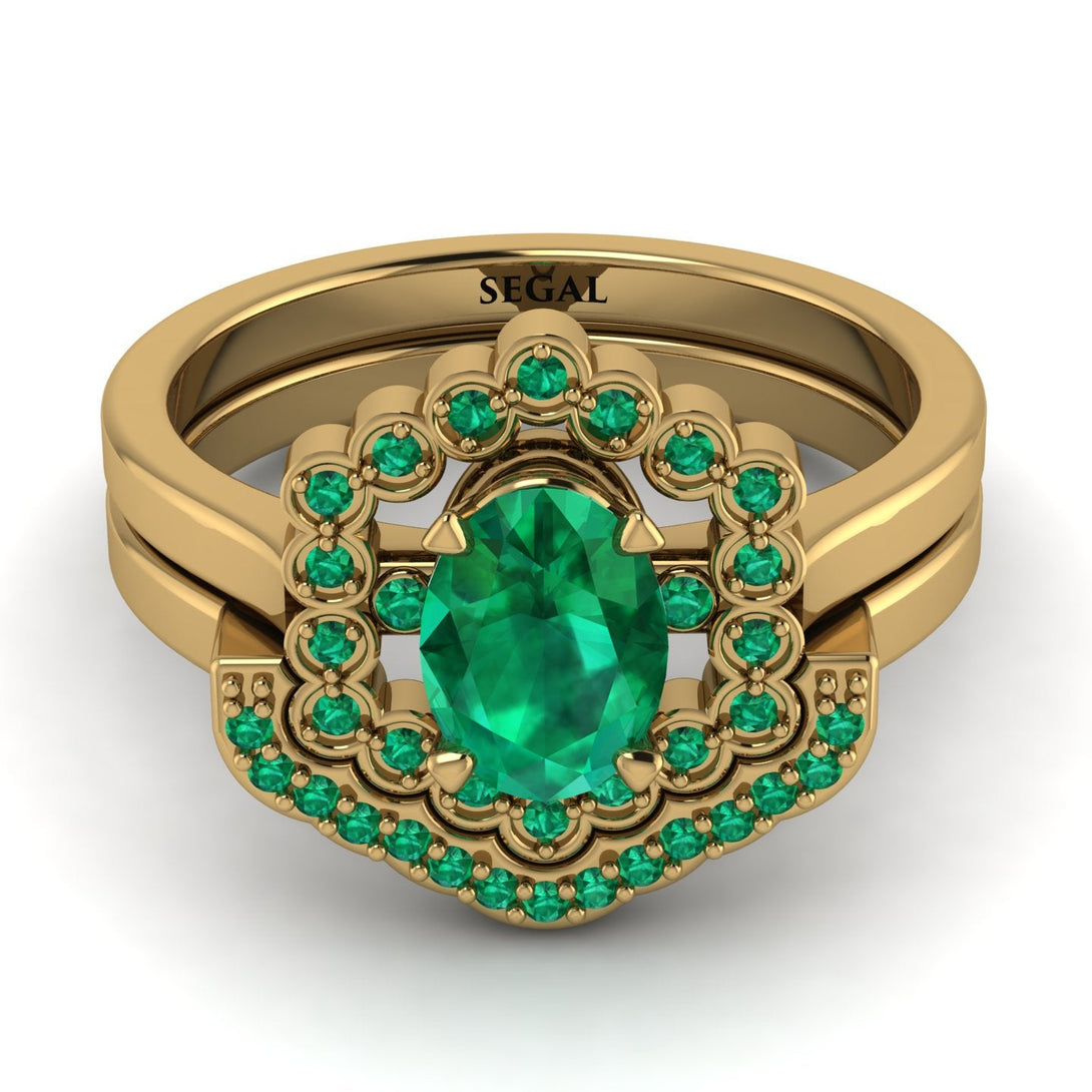 Honeycomb Halo Oval Emerald Bridal Set - Laura No. 19
