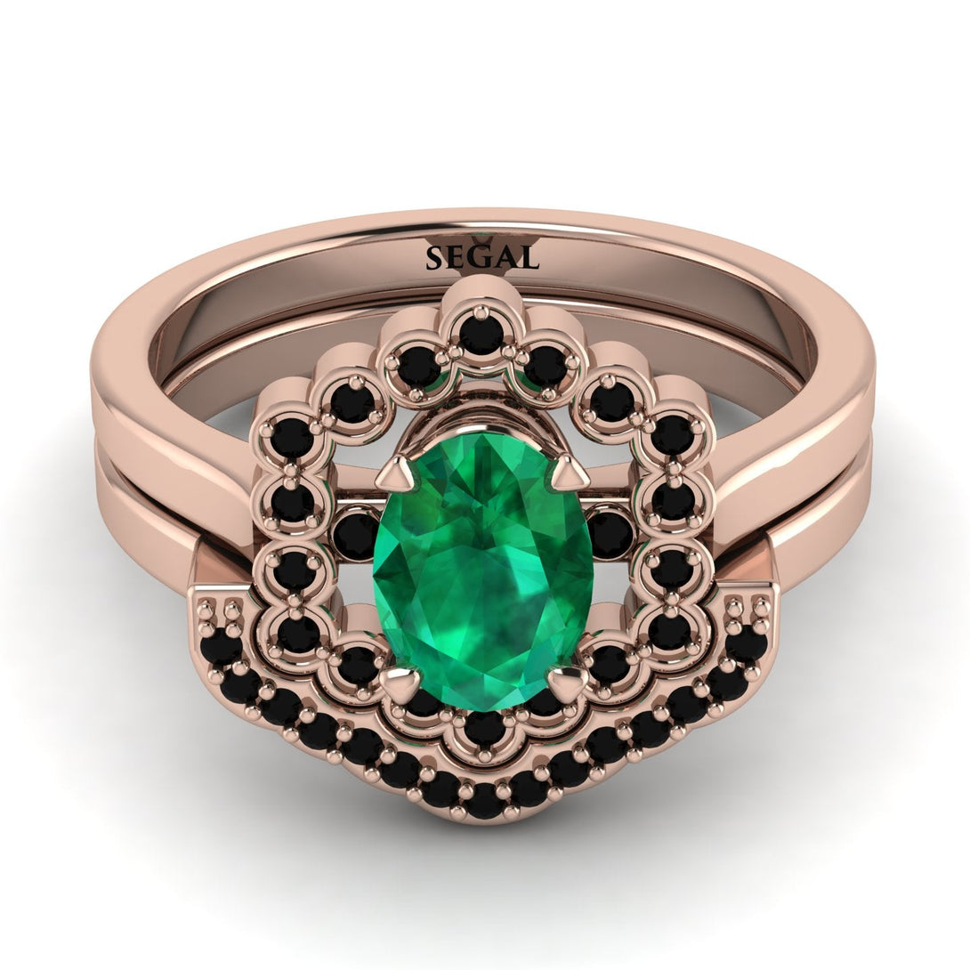 Honeycomb Halo Oval Emerald Bridal Set - Laura No. 35