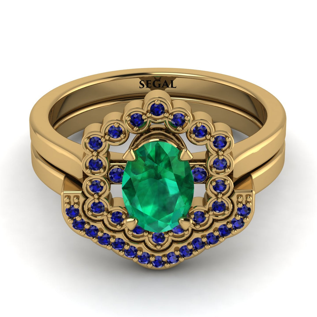 Honeycomb Halo Oval Emerald Bridal Set - Laura No. 64