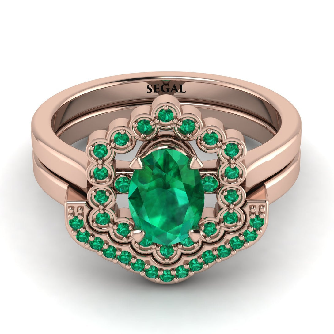 Honeycomb Halo Oval Emerald Bridal Set - Laura No. 20