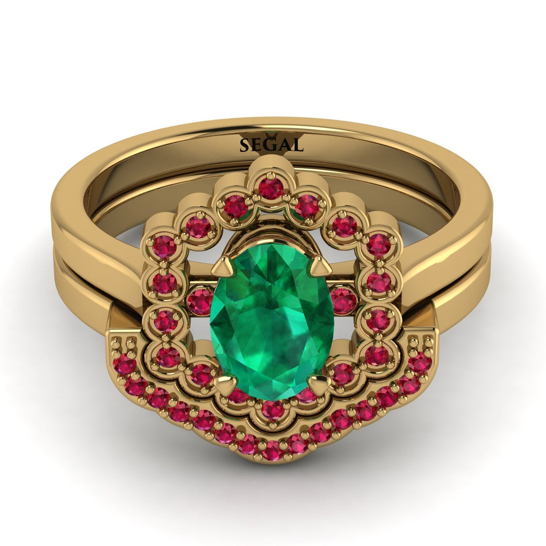 Honeycomb Halo Oval Emerald Bridal Set - Laura No. 49