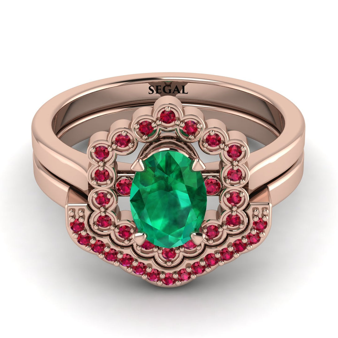 Honeycomb Halo Oval Emerald Bridal Set - Laura No. 50