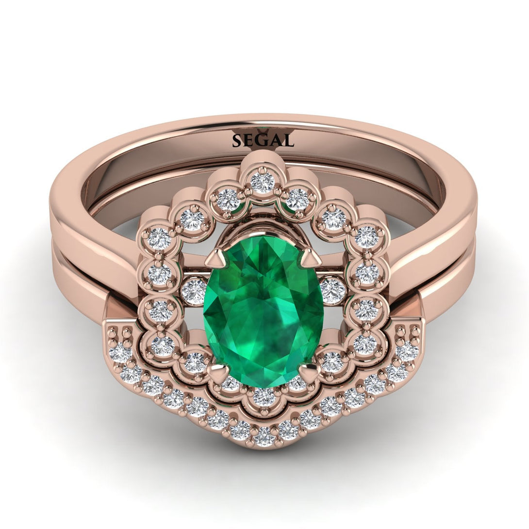Honeycomb Halo Oval Emerald Bridal Set - Laura No. 5