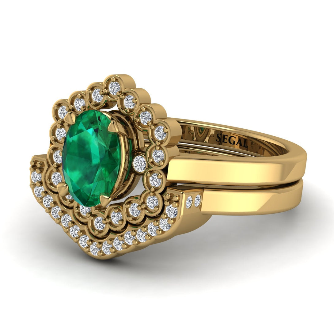 Honeycomb Halo Oval Emerald Bridal Set - Laura No. 4