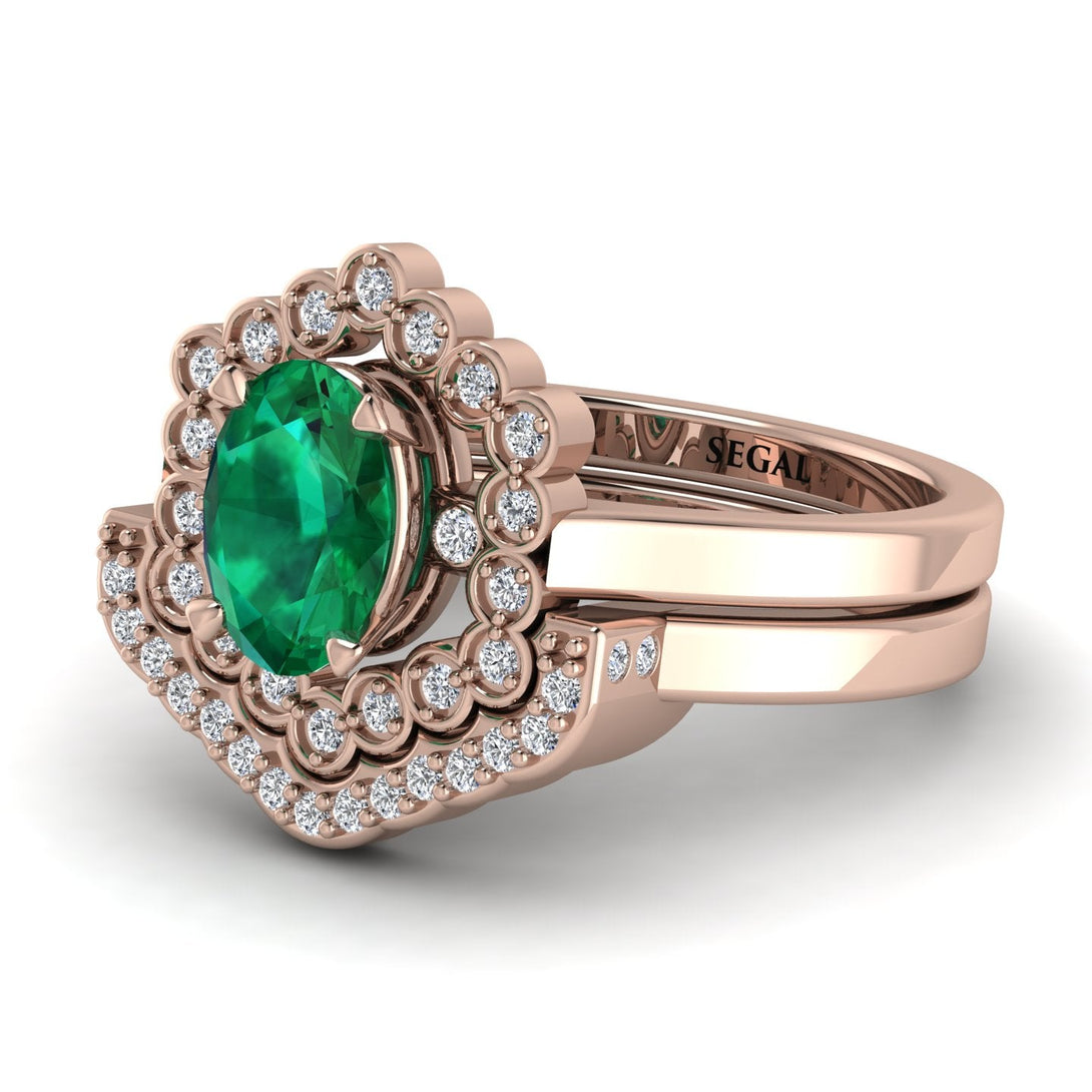 Honeycomb Halo Oval Emerald Bridal Set - Laura No. 5