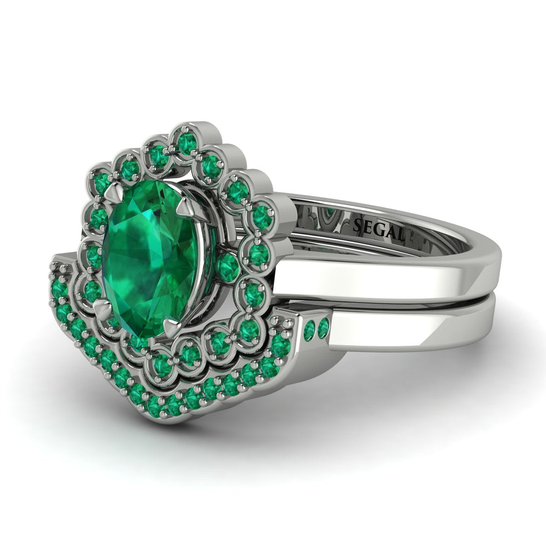 Honeycomb Halo Oval Emerald Bridal Set - Laura No. 21