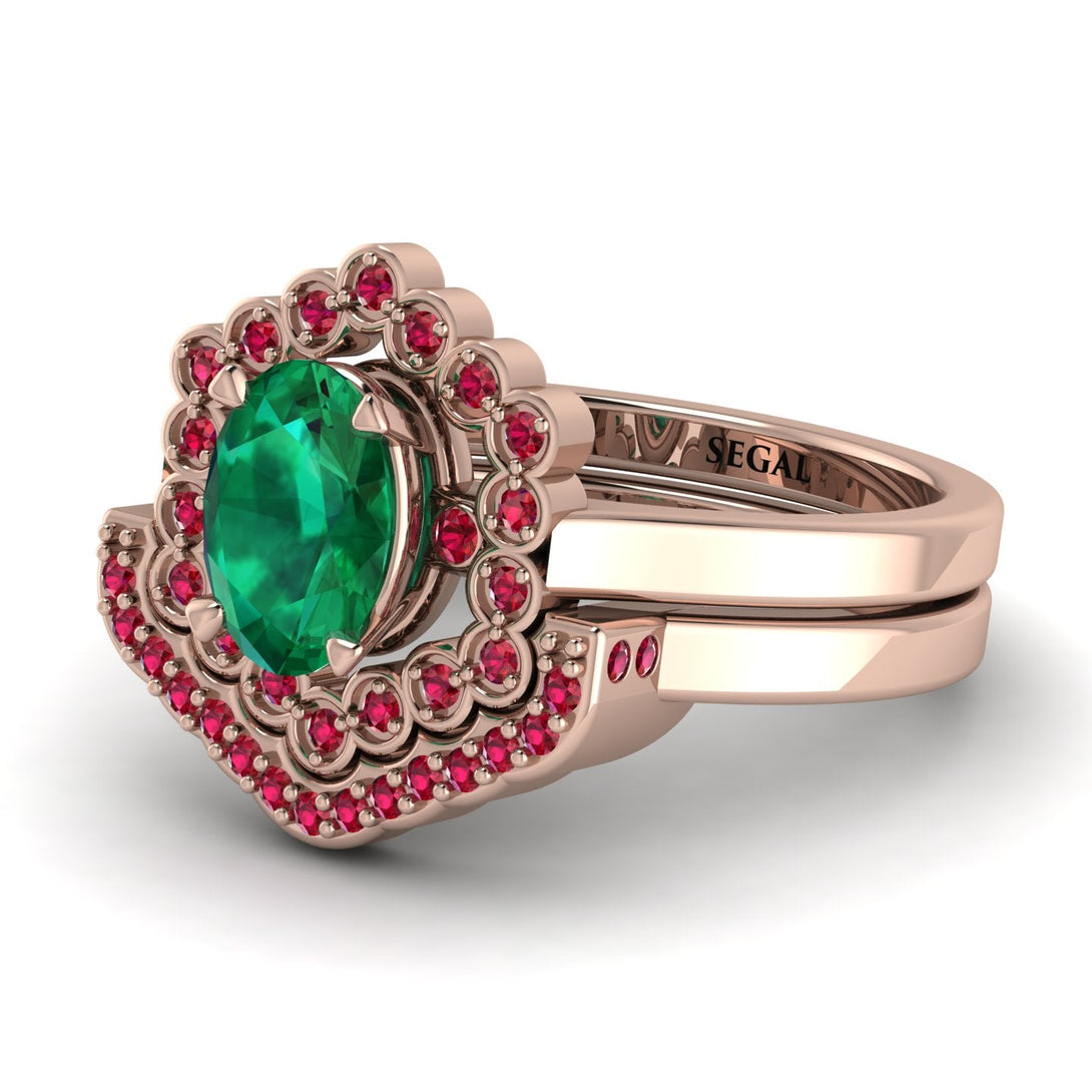 Honeycomb Halo Oval Emerald Bridal Set - Laura No. 50