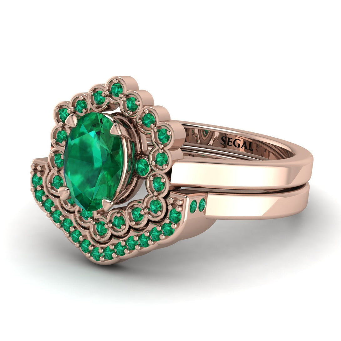 Honeycomb Halo Oval Emerald Bridal Set - Laura No. 20
