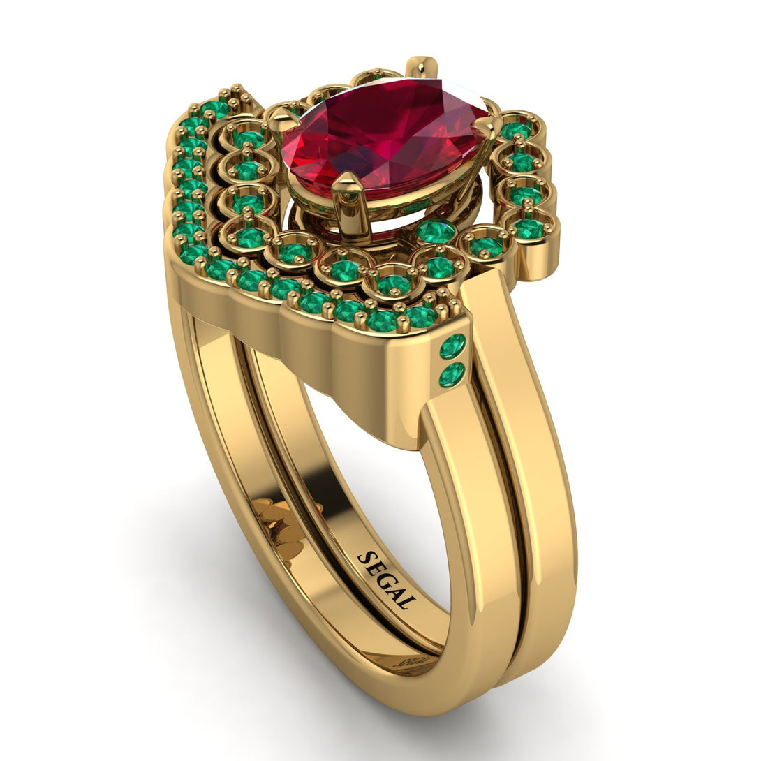 Honeycomb Halo Oval Ruby Bridal Set - Laura No. 25