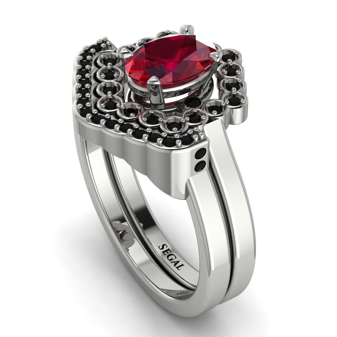 Honeycomb Halo Oval Ruby Bridal Set - Laura No. 42