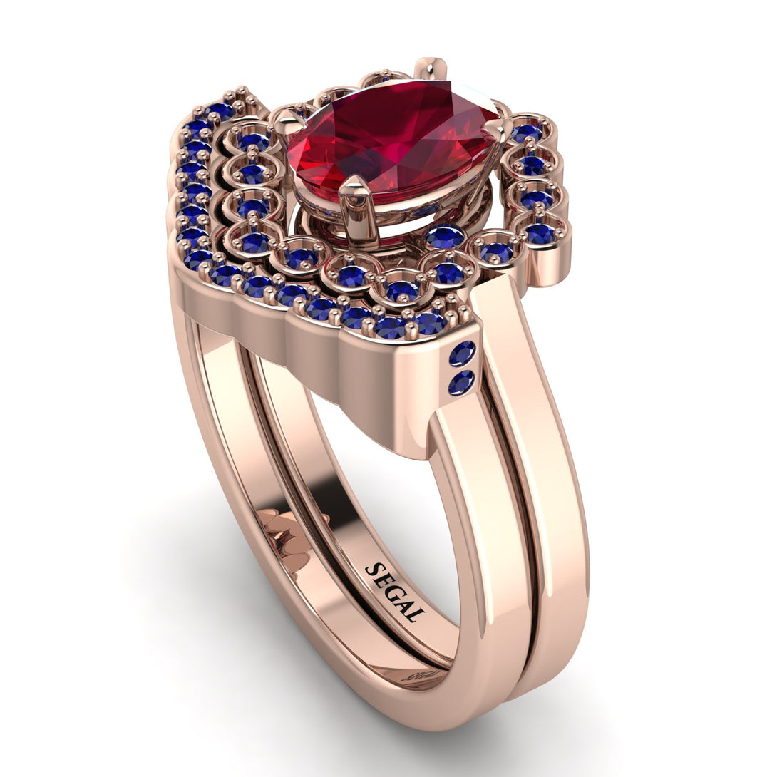 Honeycomb Halo Oval Ruby Bridal Set - Laura No. 71