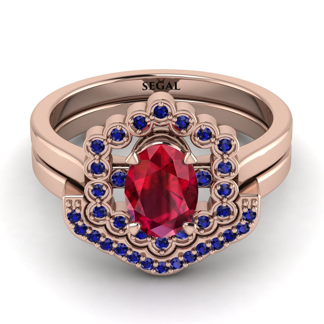 Honeycomb Halo Oval Ruby Bridal Set - Laura No. 71