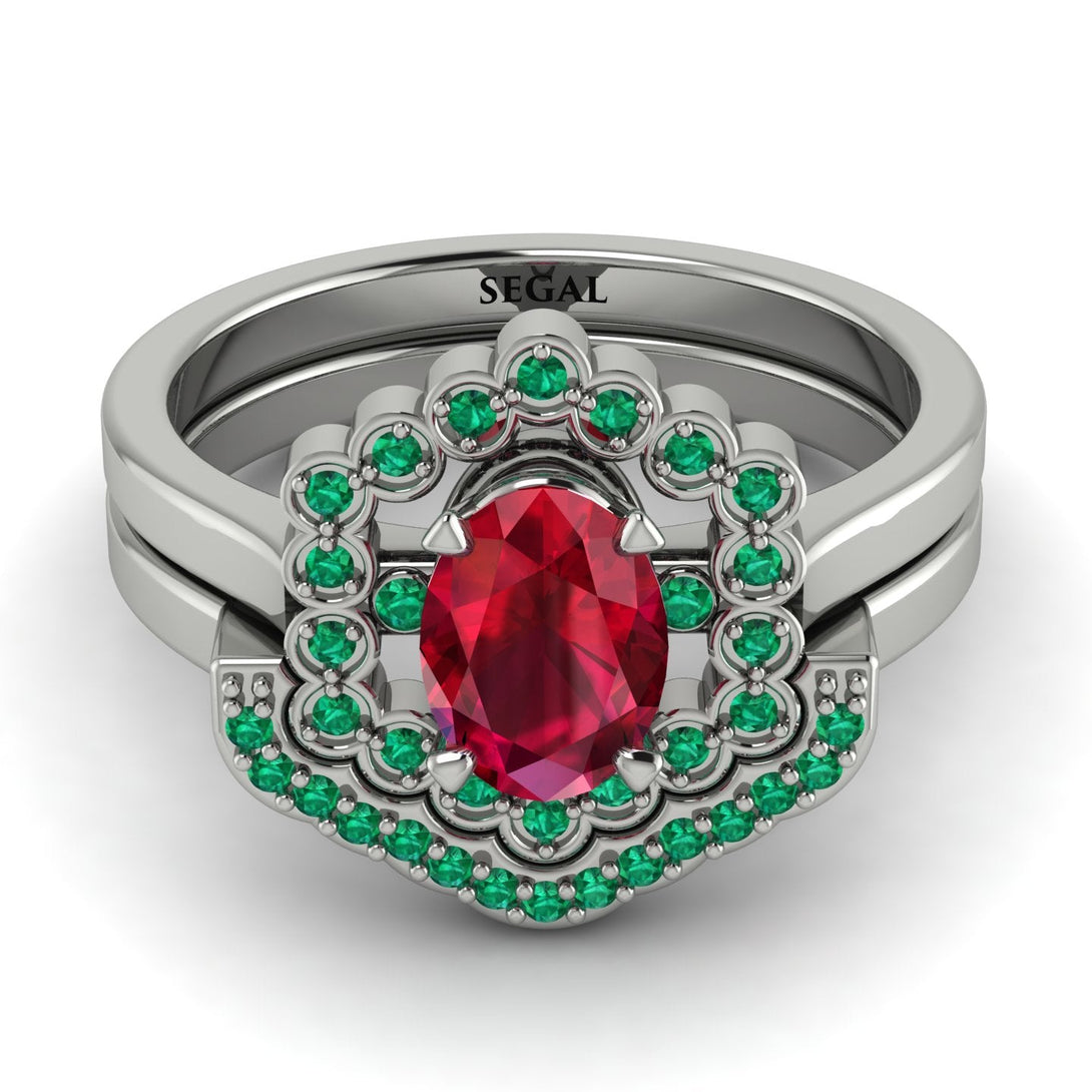 Honeycomb Halo Oval Ruby Bridal Set - Laura No. 27