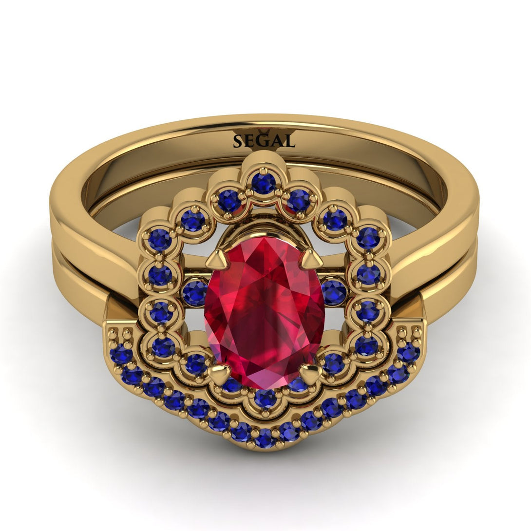 Honeycomb Halo Oval Ruby Bridal Set - Laura No. 70