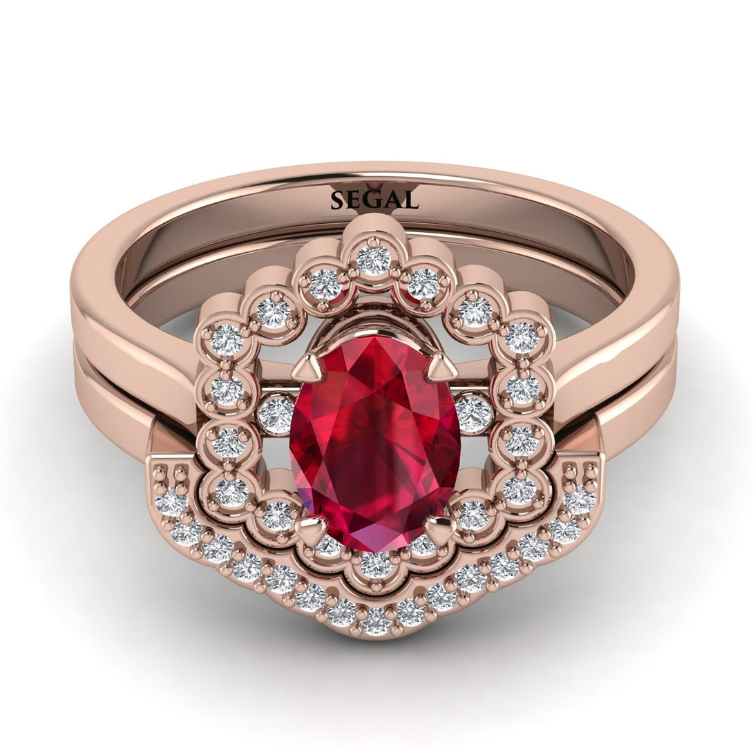 Honeycomb Halo Oval Ruby Bridal Set - Laura No. 11